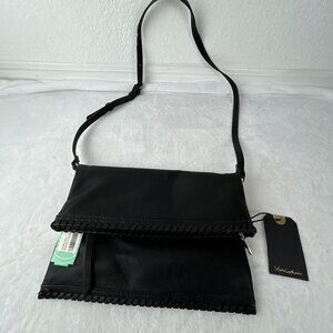 Moda Luxe Black Faux Leather Fold Over Clutch Bag Purse Crossbody NWT